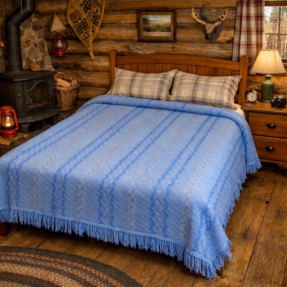 B.F. Goodrich Vintage Chenille Queen Blanket Coverlet Fringe Blue Dk Blue Synthe